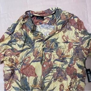 Massive Yellow Floral Button-Down Shirt with Flamingo Print